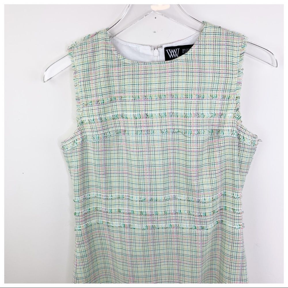 Worth Green/Pink Tulip Tweed Sheath Dress‎ Fringed Sz 2